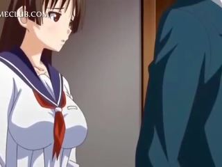 Anime young woman in uniform blowing large cock